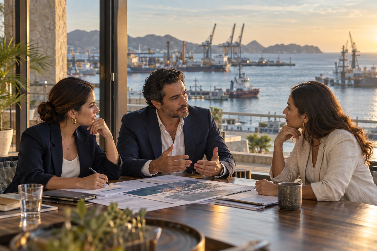 Fotografía ilustrativa de profesionales conversando en un espacio de reunión frente a un puerto